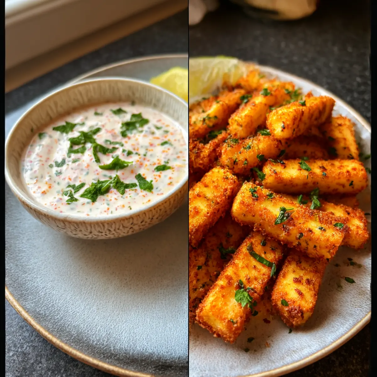 Luftgebackene Halloumi-Pommes mit würzigem Joghurt-Dip