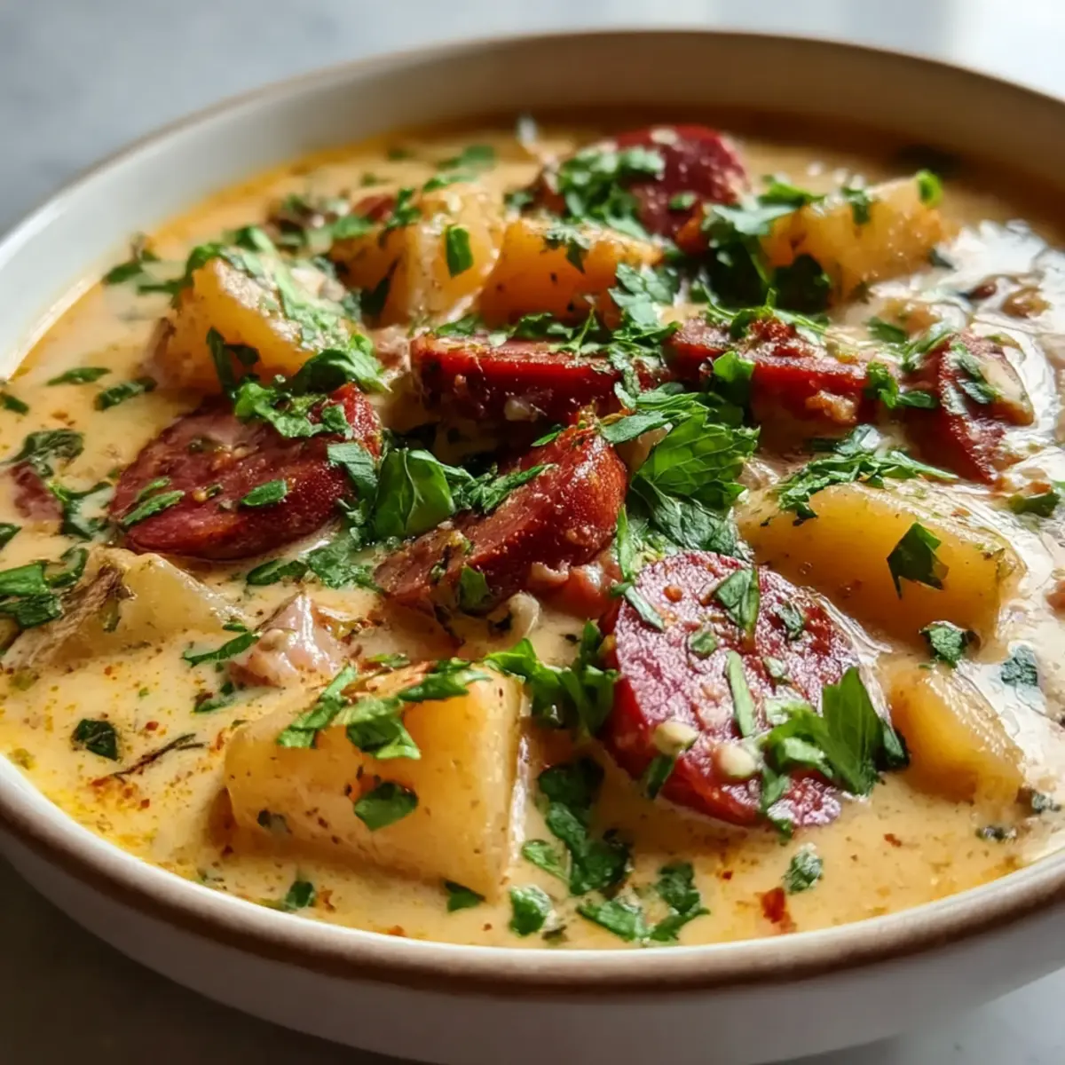 Kreolische Kartoffelsuppe mit Andouille-Wurst genießen