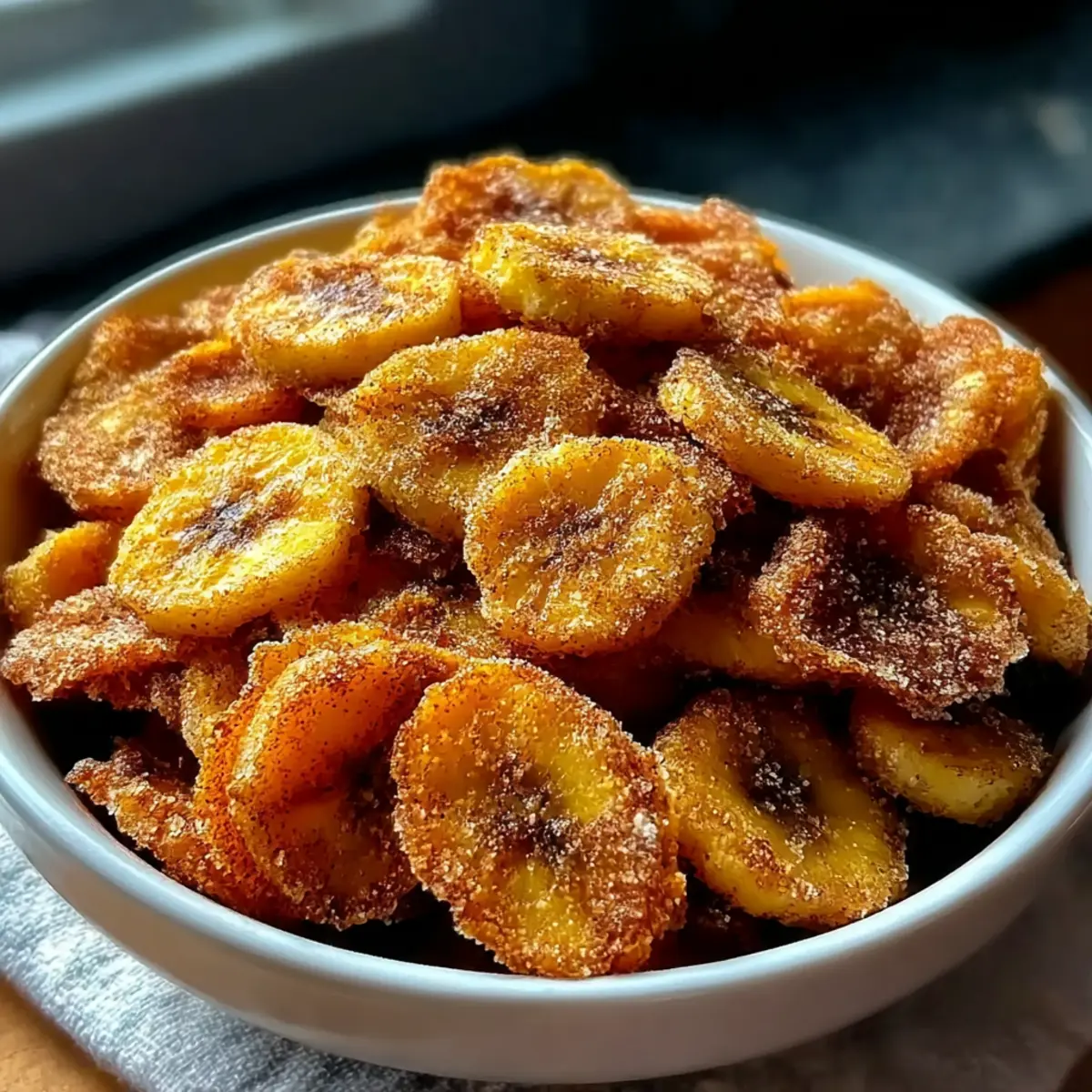 Zimt-Zucker Heißluftfritteuse Bananenchips ganz einfach
