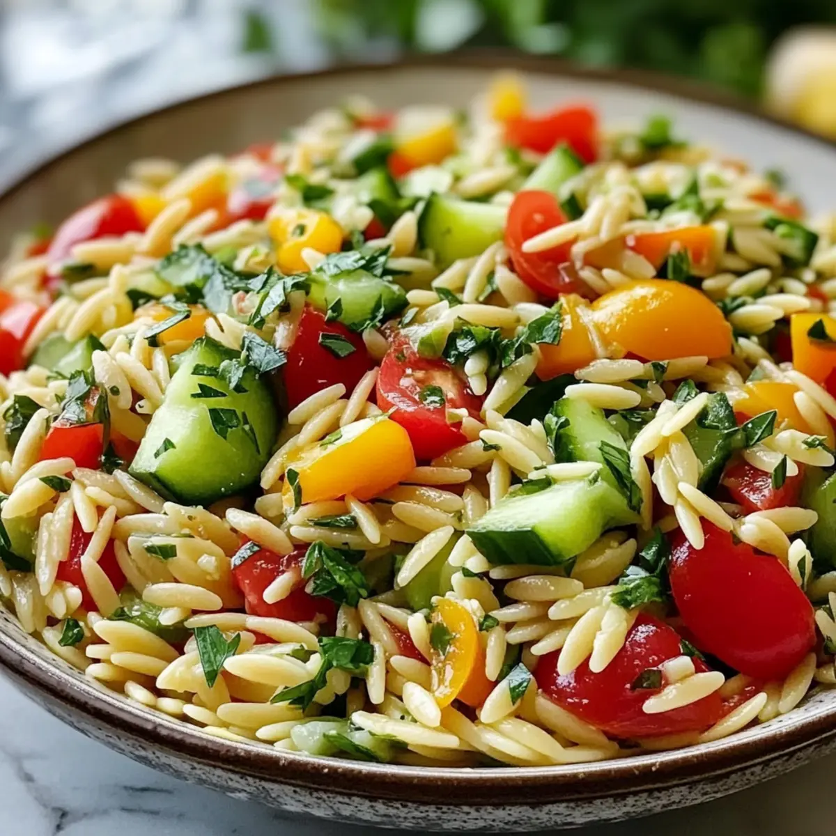 Frischer Orzo Salat mit Gurke und Paprika