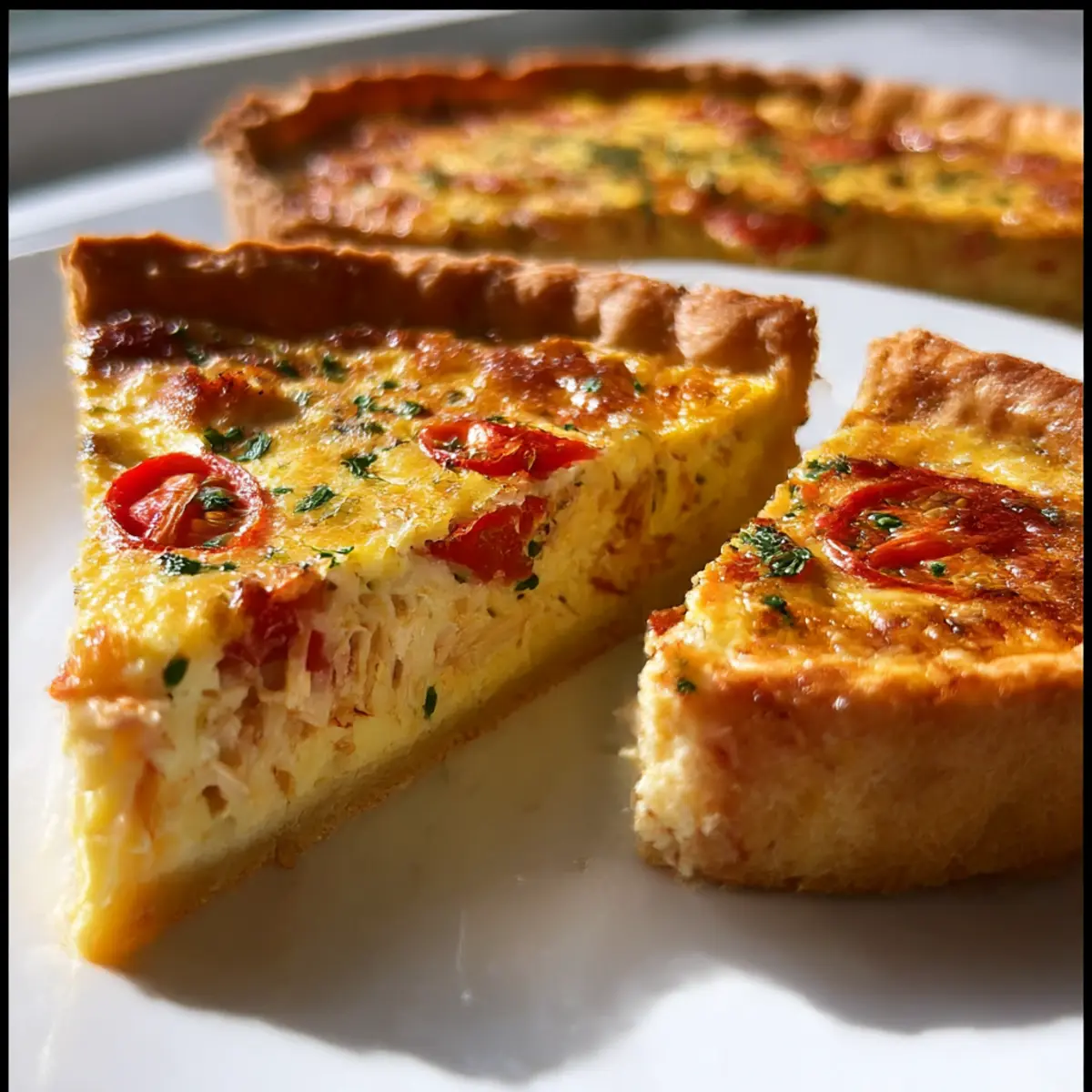 Hähnchen Tomaten Quiche mit knusprigem Boden