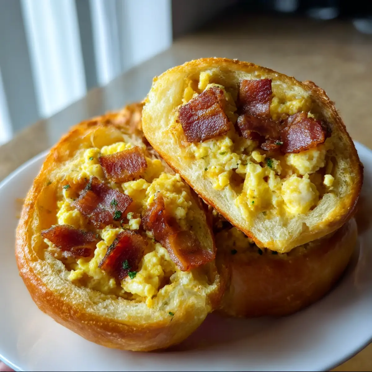 Crispy Frühstücksrollen mit Rührei und Bacon