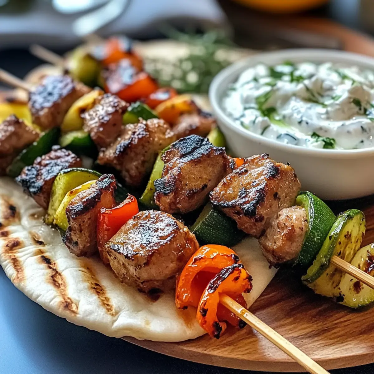 Leckere Souvlaki Spieße mit Tzatziki und Pita
