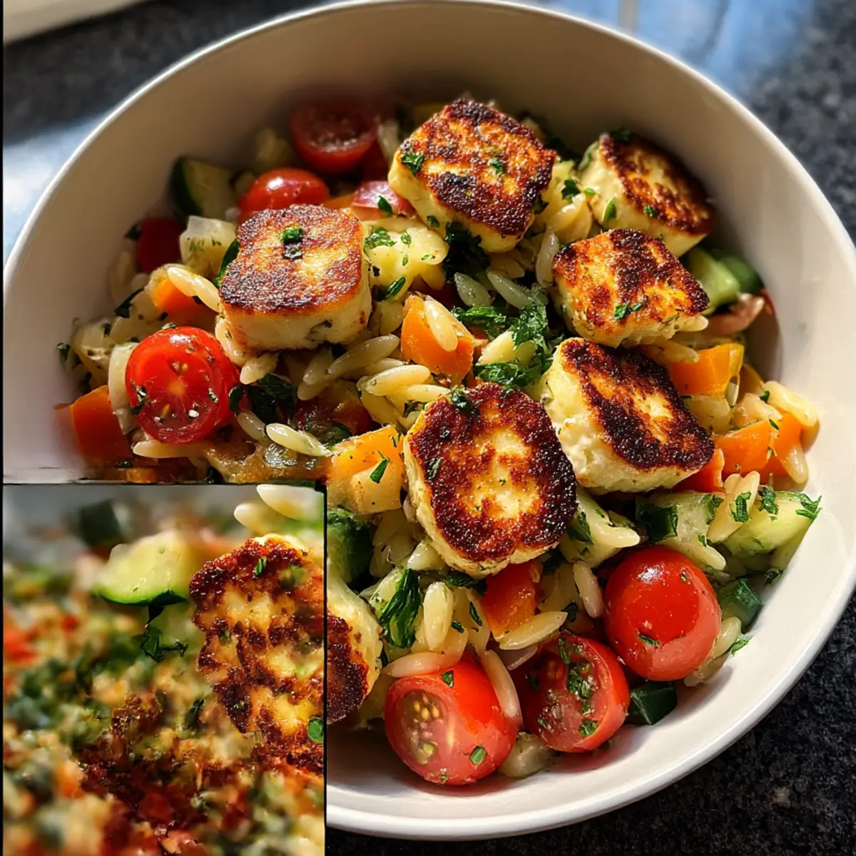 Kritharaki-Salat mit Halloumi-Croutons frisch genießen