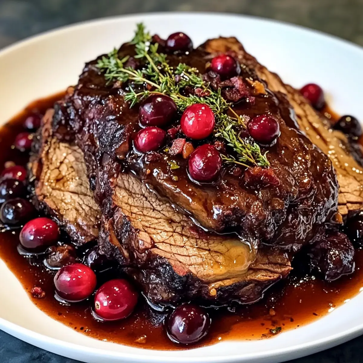 Langsam geschmorter Rinderbraten mit Cranberry-Balsamico-Glasur