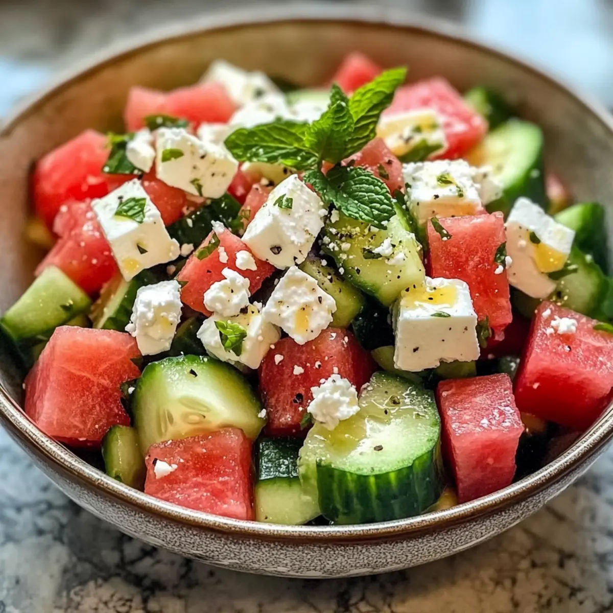 Wassermelonen Gurken Feta Salat für heiße Sommertage